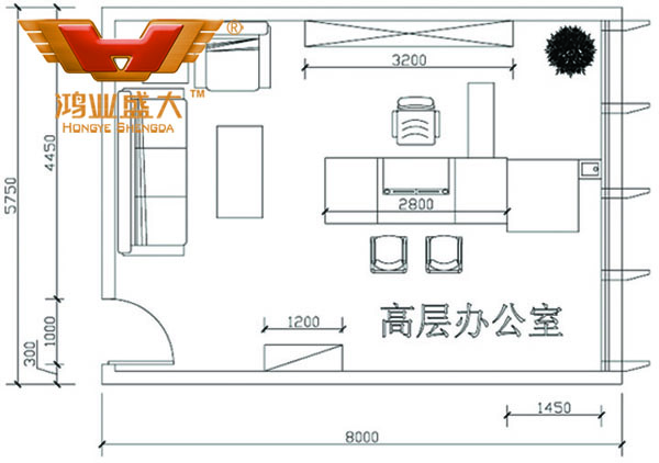 鴻業(yè)設(shè)計師根據(jù)客戶提供尺寸，設(shè)計的總經(jīng)理辦公室CAD平面圖